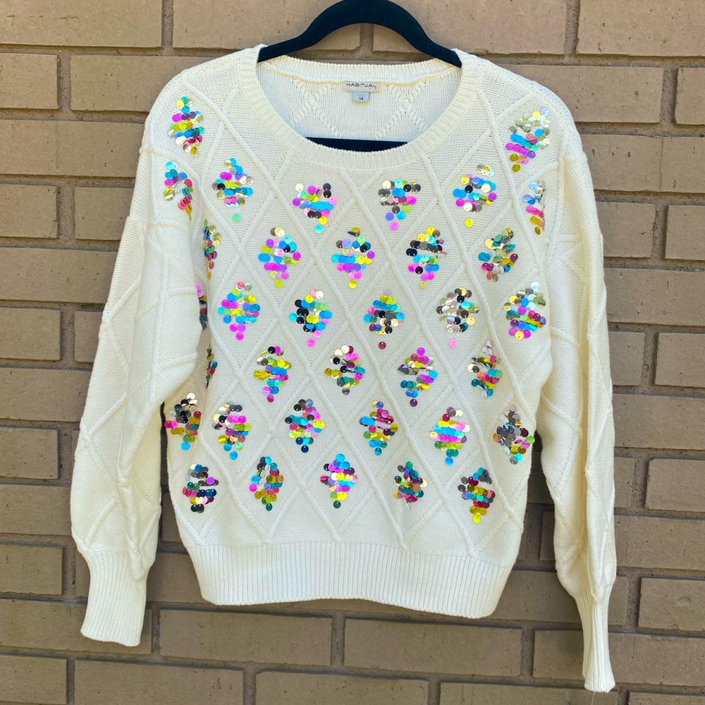 Habitual Girls Sequin Crème Sweater Size 14 NWT